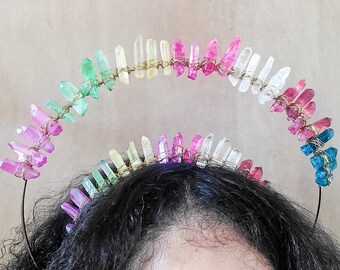 Rainbow Crystal Halo Crown, Festival Bridal Headpiece