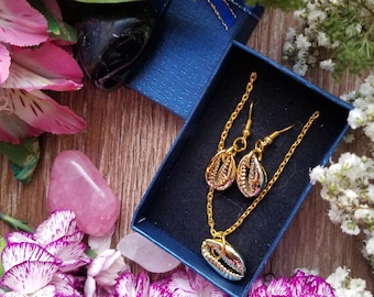 Gold Filled Kauri Muschel Halskette und Ohrringe, Nautische Schmuck Set