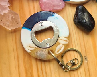 beach, bar decor, bottle opener keychain, kitchen decor, kitchen tool, resin epoxy, housewarming gift, ready to ship, resin keychain