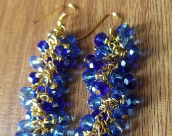 Blue Crystal Cluster Drop Earrings, Statement Jewelry