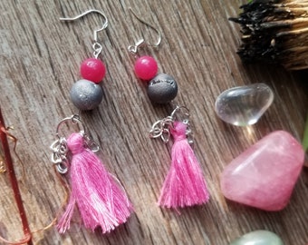 Orecchi multistrato colorati con nappe orecchini con pendenti a goccia con nappe e pietra druzy, orecchini da donna, 14 colori e base metal, colore: Black-Grey, cod. EE04T03