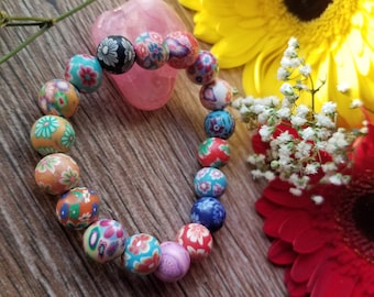 polymer clay beads, bohemian, mixed print beads,stretch bracelet, flower bracelets, clay beads, secret santa, christmas gifts, ready to ship