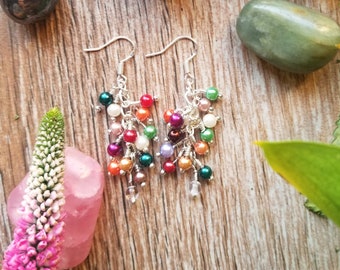 pearl earrings, beaded earrings, dangle earrings, statement earrings, beadwork earrings, clutter earrings, ready to ship, imitation pearls