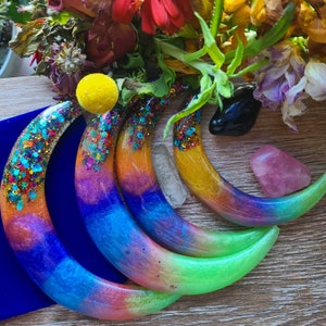 crescent moon fork, moon stick, hair stick, resin hair jewelry, hair bun holder, hair style, gifts for her, rainbow hair, ready to ship