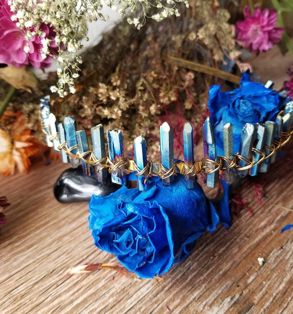Titanium Aura Quartz Crystal Crown - Blue Gold Bridal Tiara  display picture 1