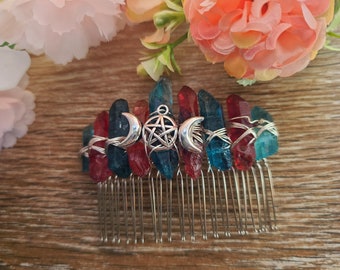 peigne à cheveux pentacle, peigne en cristal, peigne en quartz, peigne de mariée, peigne de mariage, accessoires de mariée, cadeaux pour elle, peigne à cheveux boho, prêt à être expédié,