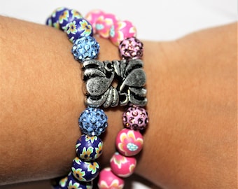 children's bracelet, flower bracelet, blue, blue bracelet, boho, double row, jewelry, handmade, stretch bracelet, connector, floral, antique