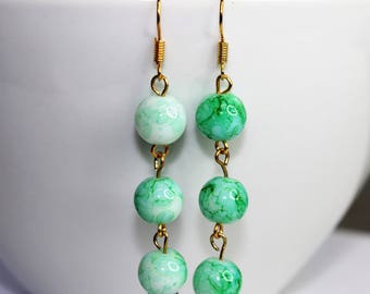Handmade Green Glass Beaded Dangle Earrings, Mother's Day