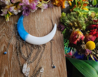 Resin Crescent Moon Wall Hanging with Crystal Quartz, Evil Eye Charms