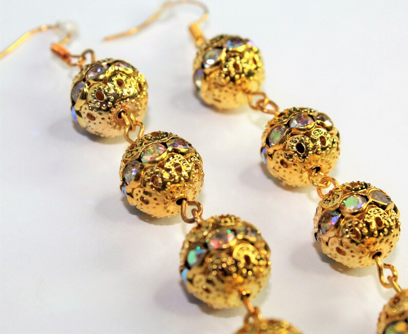 filigree earrings, rhinestone earrings, gilded earrings, gifts for her, gold drop earrings, mothers day, gift for mom, drop earrings image 3