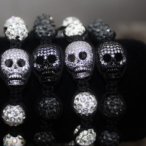 skull bracelet, shamballa bracelet, skull jewelry, skulls, cz pave metal, halloween, black bracelet, halloween accessories, mens&#39; bracelet