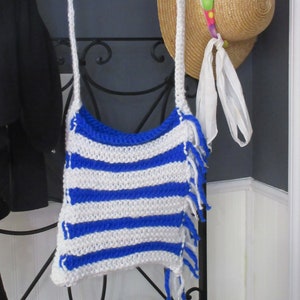 BLUE Purse, Handbag, 12&quot; x 13&quot;  Crossbody bag, Blue and White stripes.  Hand Knitted Ready for summer.