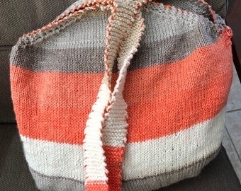 Orange &Tan Shoulder Bag, Tote Bag, Orange Multi Stripes.  Hand Knitted