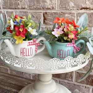 Tiered Tray Mini Floral Arrangement, Tiered Tray Teapot, Tiered Tray Decor, Spring Farmhouse, Spring Tiered Tray, Tiered Tray Flowers