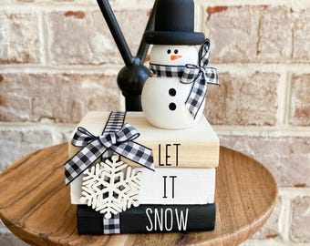 Let It Snow Farmhouse Books, Mini Wooden Book Stack, Winter Tiered Tray Decor, Snow Tiered Tray Decor
