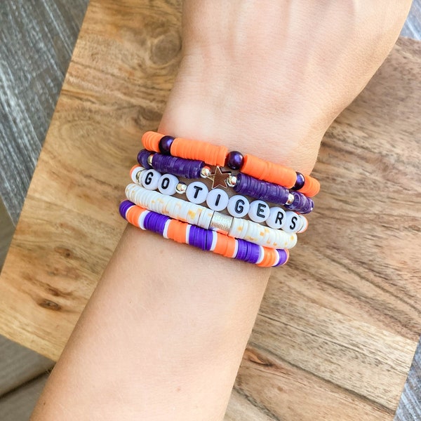 Clemson Heishi Stack Bracelets, Go Tigers Heishi, Clemson University Heishi Bracelets, College Stack Bracelets, Grad Gift, Game Day