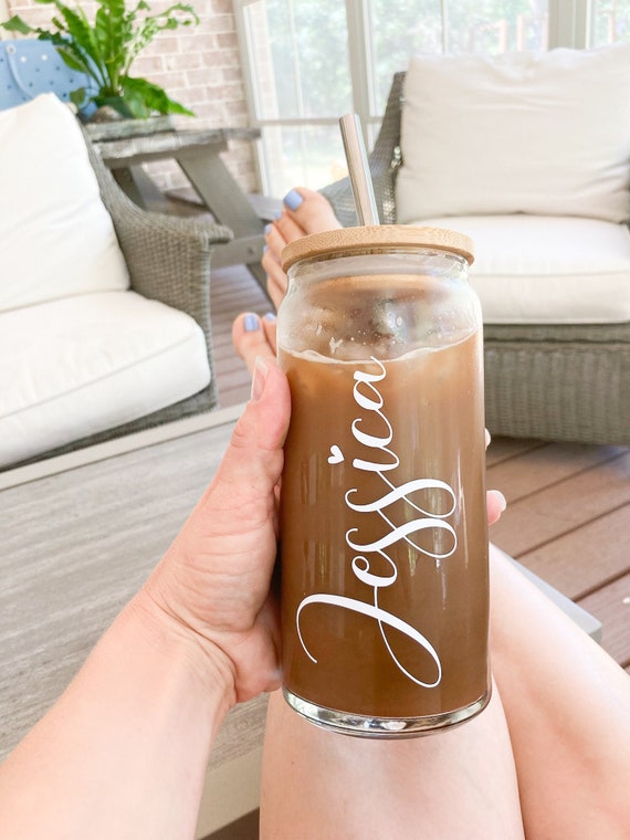 Personalized Iced Coffee Cup Glass Can Soda Cup with Lid and Straw Gifts  for Women, Friends, Bridesmaids - BMPB033