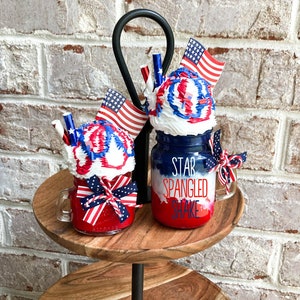 Patriotic Faux Shake, July 4th Faux Shake, Summer Coffee Bar, Patriotic Decor, July 4th Decor, Faux Whip, Tiered Tray Decor