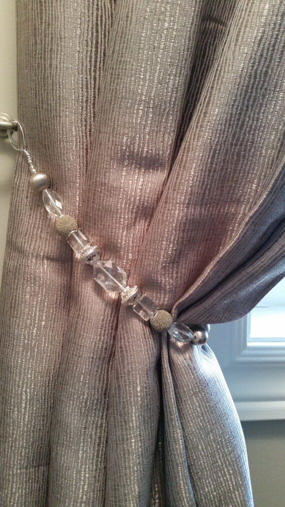 Beaded Dry Tie Back With Clear Taupe Silver Platinum Beaded Dry Tie Back With Clear, Silver Curtain Tie Backs