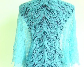 Scialle di pizzo triangolare in mohair verde turchese con foglie, cimelio alla menta, scialle da sposa, pizzo lavorato a mano, stola da sposa, involucro, MADE to ORDER
