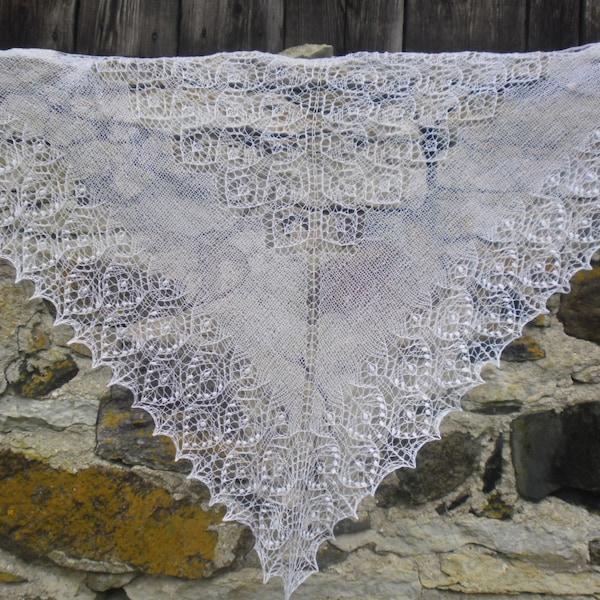 Triangular lace shawl, hand knitted lace shawl,Shawl with Haapsalu nupps, wedding shawl,bridal stole,bright white or any other colour