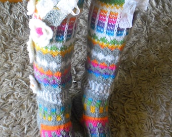 Hand knit knee socks. House knee socks. Flower knee socks. Woman, girl socks. Leg warmers. Hand knit knee warmers. Wool socks.