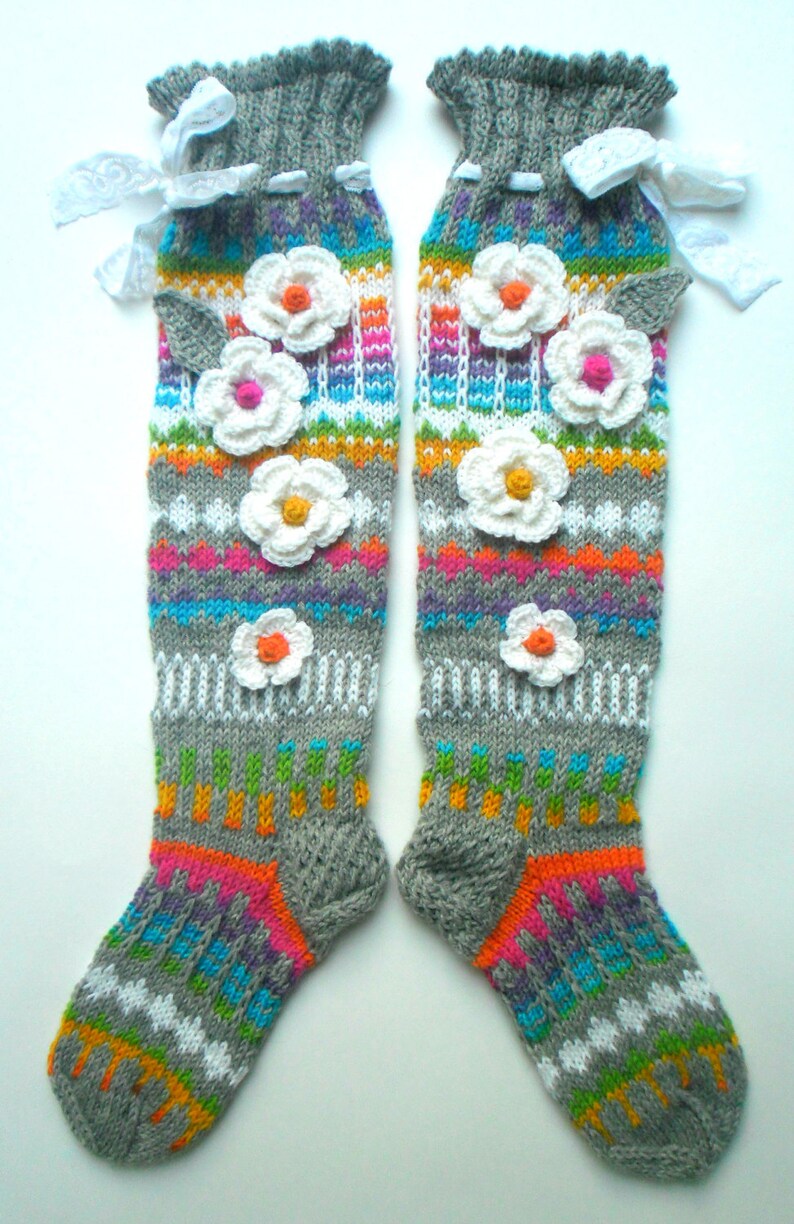 Hand Knit Knee Socks. House Knee Socks. Flower Knee Socks. Woman, Girl