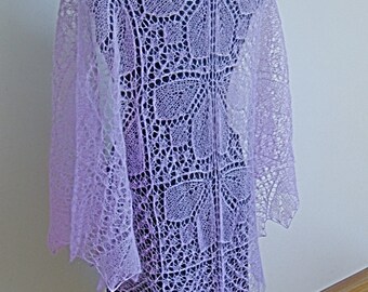 Scialle in mohair viola chiaro con motivo a foglia, sciarpa lilla, scialle da sposa, stola da sposa, maglia a mano, MADE to ORDER
