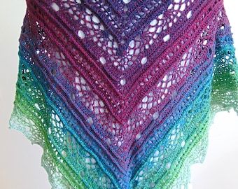 Scialle triangolare all'uncinetto, sfumato blu-verde, stile boho