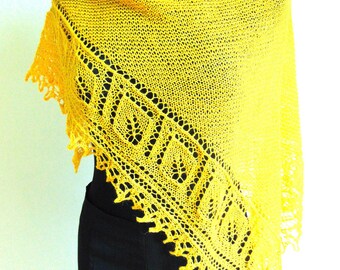 Scialle triangolare giallo da donna con motivo a foglie, scialle giallo brillante, sciarpa a spalla, scialle di pizzo, scialle di moda di lusso READY TO SHIP
