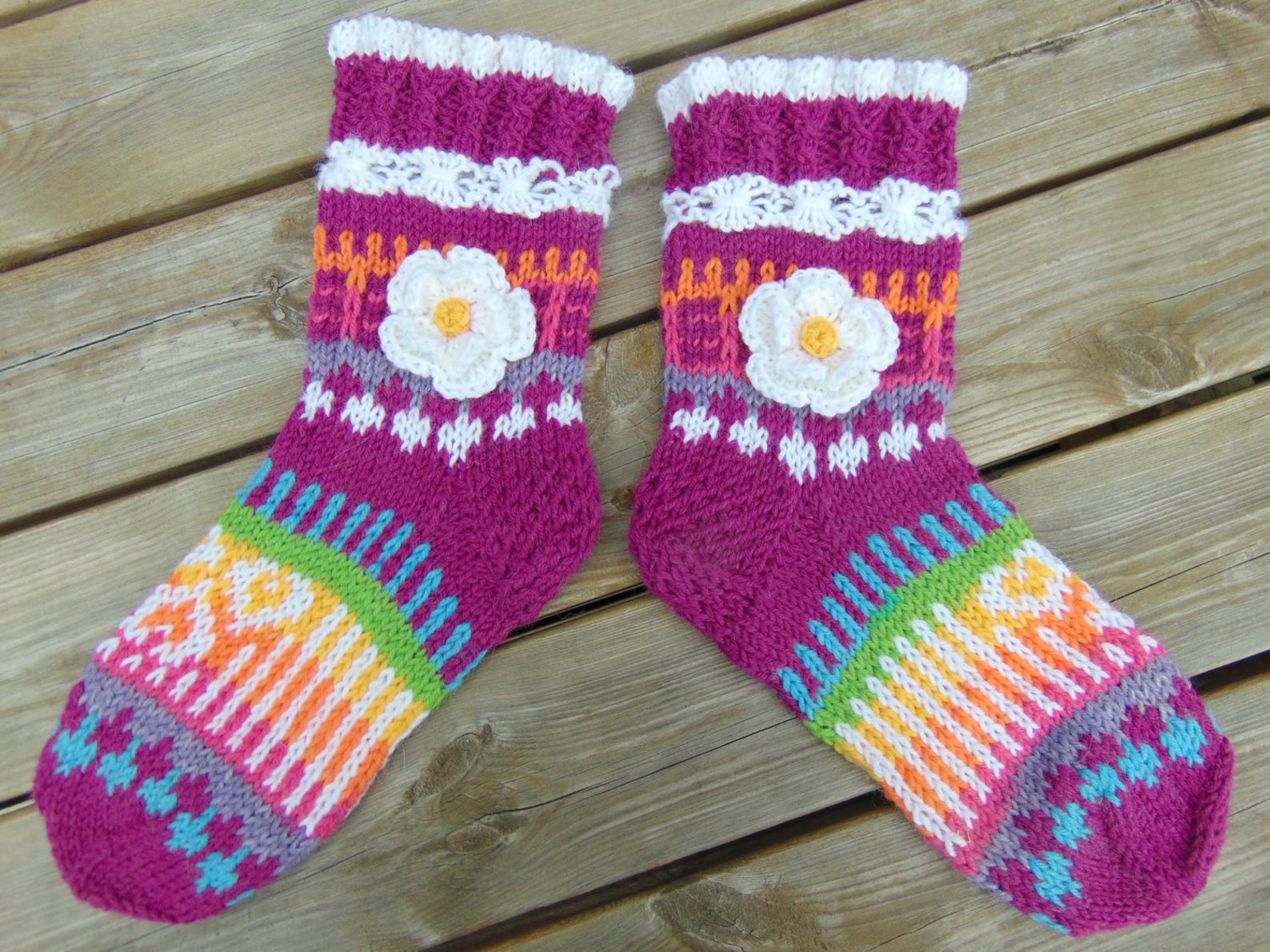 Hand Knit Socks. House Colorful Socks With Flowers. Pink - Etsy