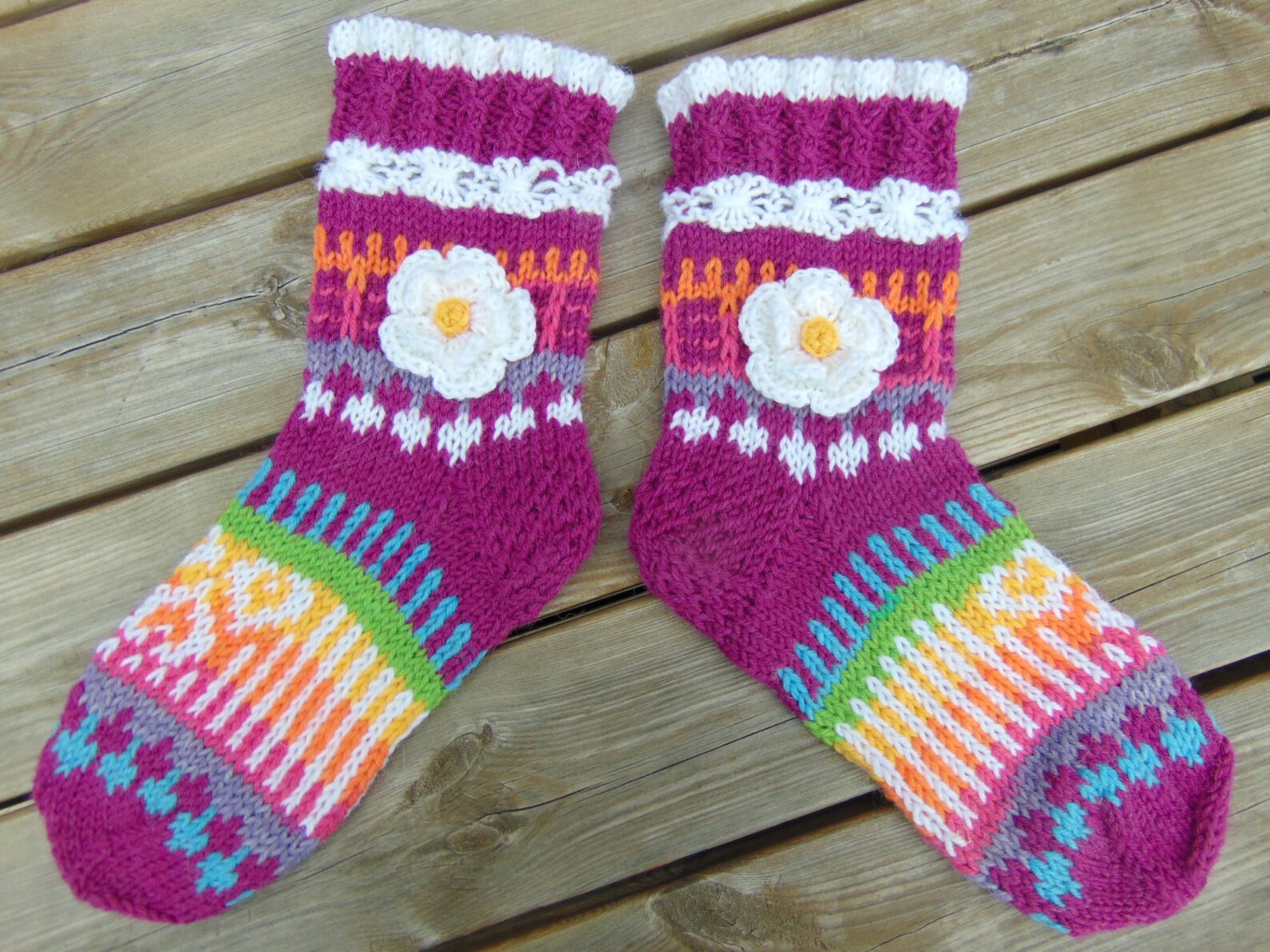 Hand Knit Socks House Colorful Socks With Flowers Pink Etsy