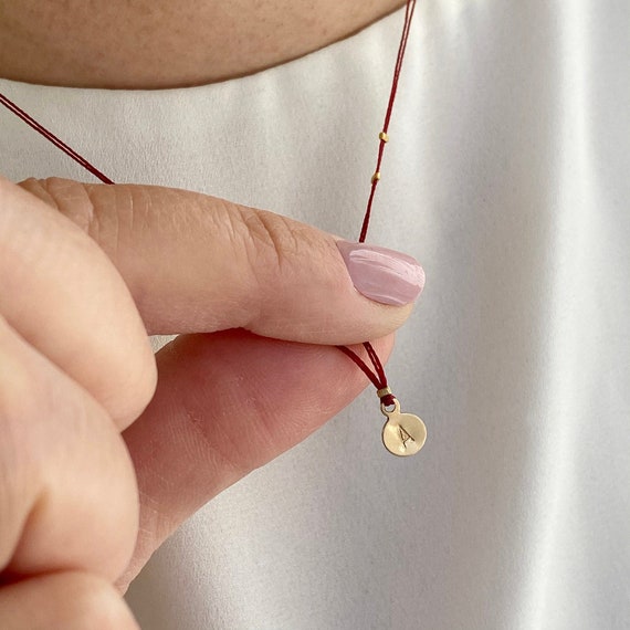 Tiny Initial Necklace, Red String Necklace, Custom Good Luck