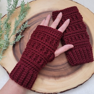 Crochet Fingerless Gloves: Burgundy Wrist Warmers, Driving Mittens