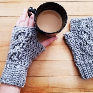 Crochet Fingerless Gloves: Cabled Wrist Warmers, Soft Grey Heather