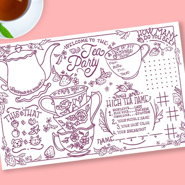 Tea Party Coloring Placemat, Tea Time, Printable, High Tea Birthday, Activity Mat, Little Girl Party, Instant Download, Cute Tea Printable