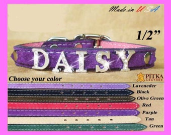 Personalized Bling Puppy Collar - XS Leather Collars for Pets with half Rhinestone Name - Soft Dog Collars Made in USA