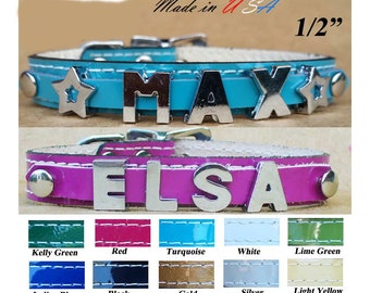 Bling Personalized Collars for Puppies - Leather Dog Collars with Chrome Name - Personalized XS Collar for Tiny Dogs - Toy Dog Collars USA
