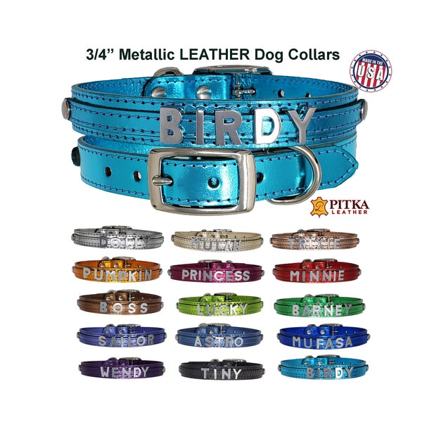 Metallic Cowhide Custom Dog Collars - Chrome Name Collar Medium - Luxury Metallic Dog  Collars Made in USA - Pitka Leather Dog Collars