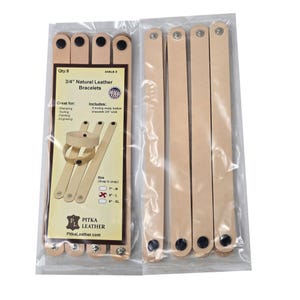 May include: Eight 3/4" natural leather bracelets, ideal for stamping, tooling, painting, or engraving. The package includes eight bracelets, with sizes ranging from 17.78 cm to 22.86 cm XL. The brand name is Pitka Leather.