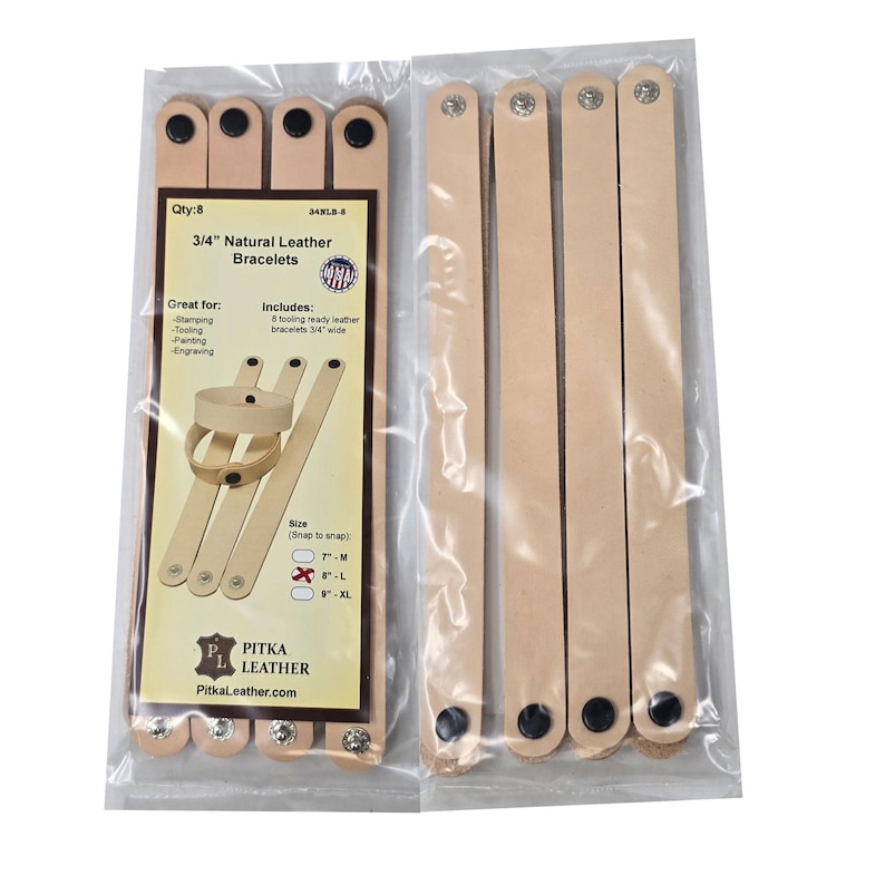 May include: Eight 3/4" natural leather bracelets, ideal for stamping, tooling, painting, or engraving. The package includes eight bracelets, with sizes ranging from 17.78 cm to 22.86 cm XL. The brand name is Pitka Leather.