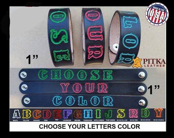 Personalized Leather Wristbands - Handmade Bracelets for Men and Women - Custom Name Cuffs 1 inch  with colored outlined font - Made in USA