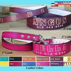 Dog Collar and Leash set - Name Leather Dog Collars - 2 inch wide Dog Collar Personalized - Leather Leash 1 inch wide Custom made with Name
