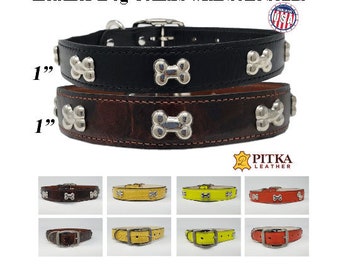 Leather Dog Collar with Bone Studs – Large Breed, Made in USA