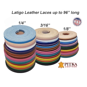 May include: Stacks of colorful Latigo leather laces in various widths, including 1/4", 3/16", and 1/8", with the text "Latigo Leather Laces up to 96" long." The laces are available in a variety of colors, with a "Made in the USA" logo.