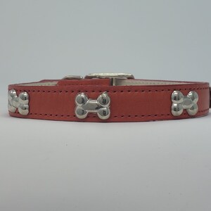 May include: A coral-colored dog collar with silver-colored bone-shaped embellishments. The collar has a silver buckle and is made of leather. The dog collar is designed for small to medium-sized dogs.
