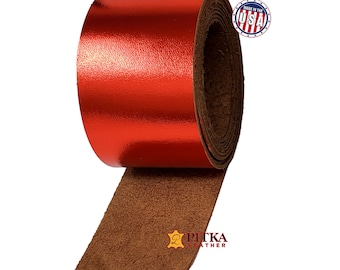 Red Leather Strips Metallic 3.5-4 oz. Length 24 to 96 Inch - Craft, Decorations, Bags, Hat bands, Jewelry-Full Grain Cow Leather Strips