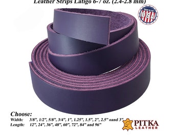 May include: A roll of purple Latigo leather strips. The image includes text that says "Leather Strips Latigo 6-7 oz. (2.4-2.8 mm)" and "Choose: Width: 3/8", 1/2", 5/8", 3/4", 1", 1.25", 1.5", 2", 2.5" oand 3" Length: 12", 24", 36", 48", 60", 72", 84" and 96"".