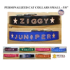 Custom Made Leather Cat Collars - Personalized Kitten Collars - Cool Name Cat Collars Made in USA - Adjustable Cat Collars with Buckle