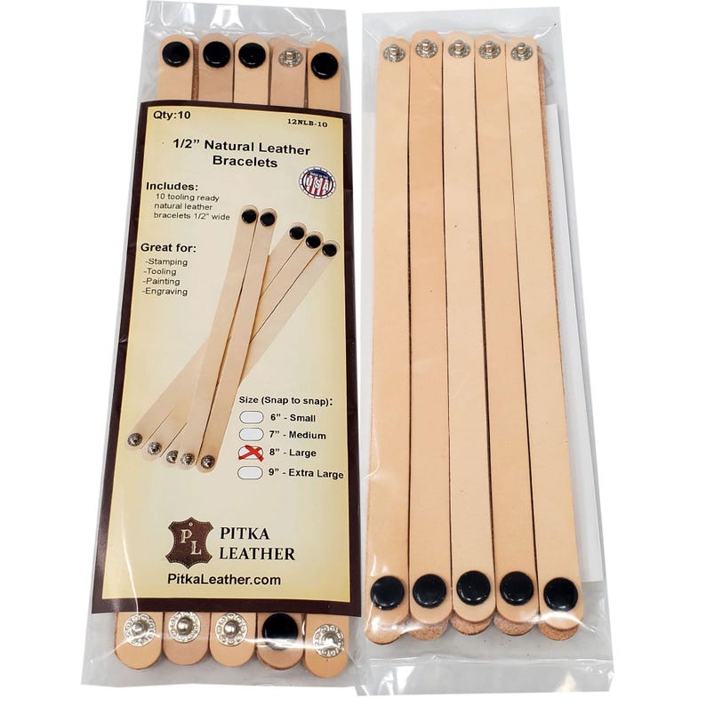 May include: Two packs of natural leather bracelets, each with 10 pieces. The bracelets are 1.27 cm wide and suitable for tooling, stamping, painting, and engraving. The packaging includes the text "Pitka Leather" and "1/2" Natural Leather Bracelets".